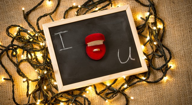 marriage proposal question on blackboard with golden ring